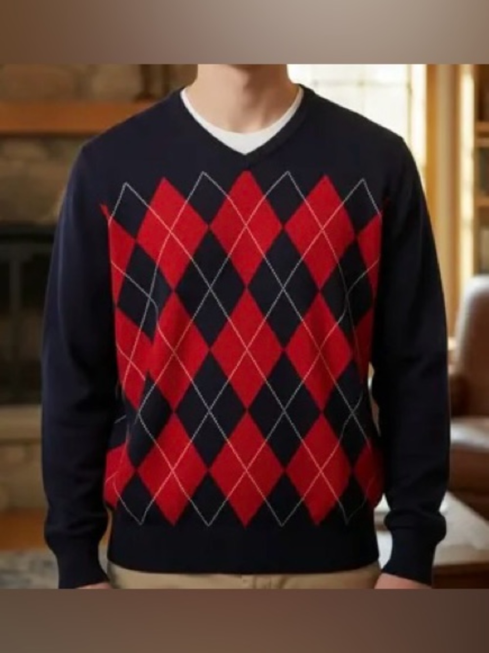 Tommy Hilfiger Navy Argyle V Neck Sweater